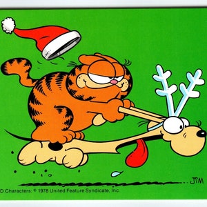 Garfield Postkarte Weihnachten Santa Katze reitet Odie Dog Reindeer Jim Denims 1978 Postkarte