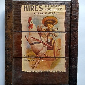 Vintage Hires Root Beer Wooden Sign - Child Riding a Rooster, Rustic Soda Decor
