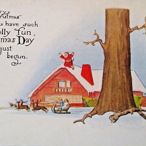 Carte postale de Noël Père Noël pour enfants, traineau et renne, rose parfait 1915, cadeau unique