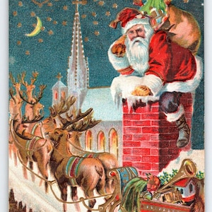 Carte postale Noël Père Noël avec traîneau, rennes, lune, étoiles, voeux en relief