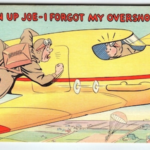 Carte postale militaire de l'armée américaine Open Up Joe parachute avion des années 40 lin de guerre WW2 humour