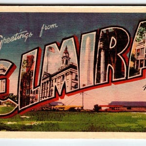 Carte postale en lin grande lettre, grande lettre, Elmira, New York des années 40, NY Dexter