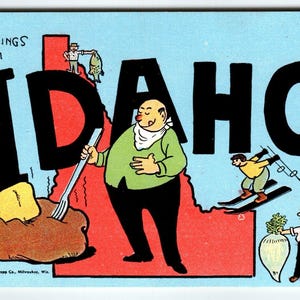 Salutations de l'Idaho Carte postale Beurre de pomme de terre Skieur Navet Linge de ski Kropp