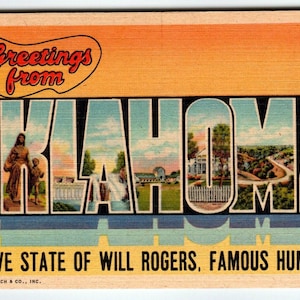 Carte postale de salutations de l'Oklahoma, grande lettre, grande lettre, État de Curt Teich, Will Rogers