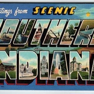 Carte postale grande lettre Greetings From Scenic Southern Indiana, Linen Curt Teich 49, cadeau unique