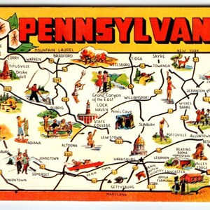 May include: Vintage postcard of Pennsylvania with a yellow background and a map of the state. The word "PENNSYLVANIA" is in large red letters at the top. The map includes illustrations of various locations and activities.