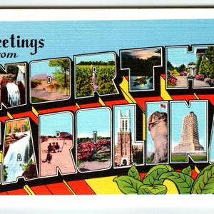 Carte postale vintage en lin, Salutations de Caroline du Nord, grande lettre inutilisée N-661
