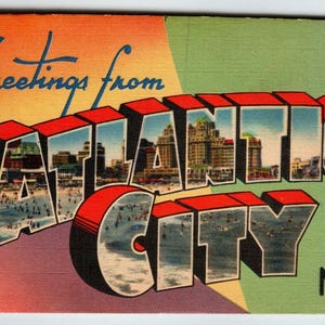 Carte postale en lin grande lettre, Lettres d'Atlantic City, New Jersey, cadeau unique d'hôtel inutilisé