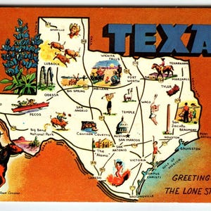 Texas Greetings From Postcard Map Chrome The Lone Star State Joan Conrad Dexter Cadeau unique