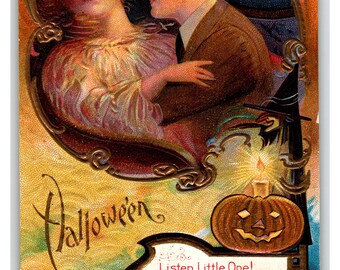 Vintage 1910 Embossed Halloween Postcard Romantic Couple & Pumpkin