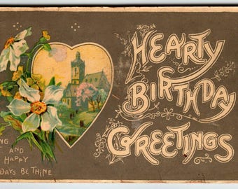 Hearty Birthday Greetings Postcard Flowers Church Heart 1911 United Art Germany Unique Gift