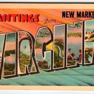 Greetings From New Market Virginia 1952 Carte postale grande lettre en lin vintage VA