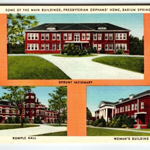 Carte postale en lin Presbyterian Orphans Home Barium Springs Caroline du Nord vintage