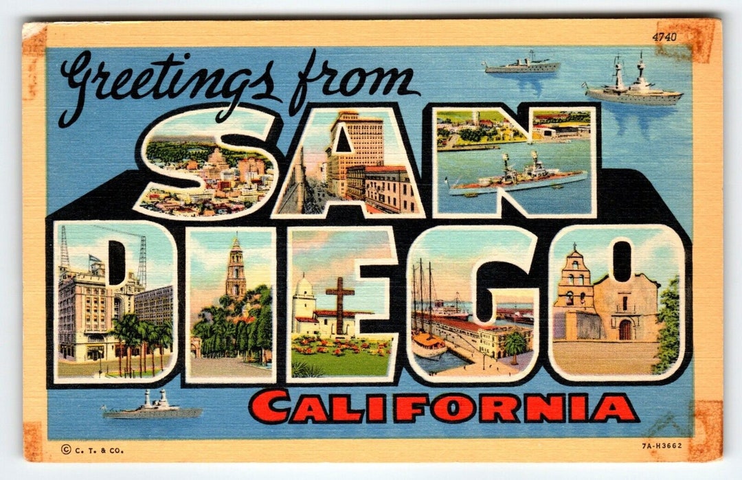 Greetings From San Diego California Large Letter Linen Etsy