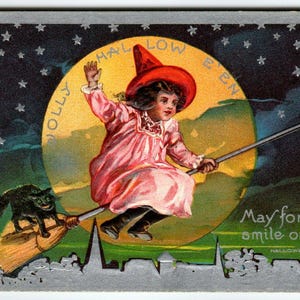 Halloween carte postale fantaisie sorcière sur balai passe pleine lune argent chat noir AMP