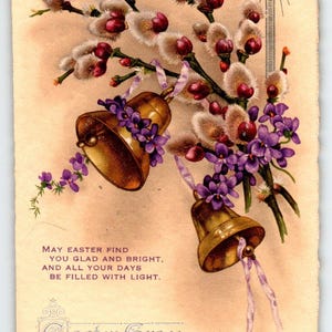 Oster-Grace-Postkarte 1910 gefüllt mit Licht Willow Blumen Glocke Heiliges Kreuz