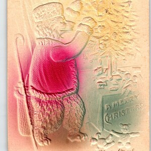 Carte postale Père Noël ours habillé fantaisie, sapin de Noël en relief profond, effet aérographe, cadeau unique