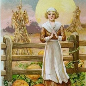 Carte postale John Winsch Thanksgiving Schmucker victorien citrouille Lady soleil lune 1911 cadeau unique