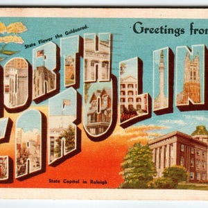 Carte postale en lin de grande taille, grande lettre, Greetings from North Carolina, 1945 Dexter Press, cadeau unique