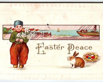 Easter Peace Postcard Bunny Rabbit Flowers Vintage Stecher 1914 Series 304 E