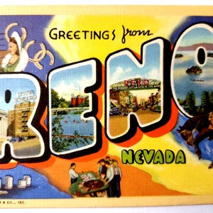 Carte postale grand format Lettres de Reno, Nevada, Linen Curt Teich, cheval de jeu