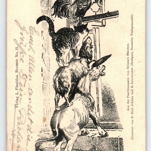 Tiere Huckepack Postkarte Pferd Hund Katze Hahn am Fenster Bremen Humor Vintage Geschenk