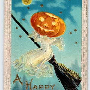 Vintage Halloween Postkarte Barton Spooner Mondmann Goblin Sterne Original 34A