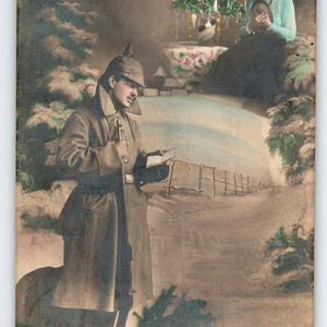 Christmas Postcard German Military Man In Helmet Rifle Decorated Tree Women WW1