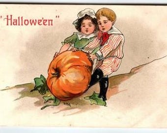 Vintage 1908 Halloween Postcard Kids with Giant Pumpkin HB Griggs HBG Antique