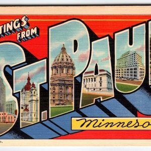 Salutations de Saint-Paul Minnesota grande lettre carte postale lin vintage Curt Teich cadeau unique