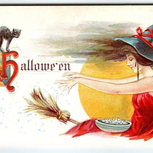 Halloween Postkarte Zaubertrank Zaubertrank Rotes Kleid Hexe Schwarze Katze Stecher 332 A