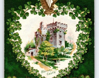 St Patrick's Day Postcard Blarney Castle Erin Go Bragh Harp Clovers Embossed