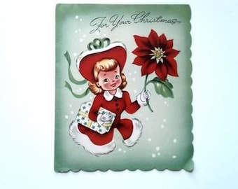 Vintage 1940s USA Christmas Greeting Card Girl with Poinsettia & Gift
