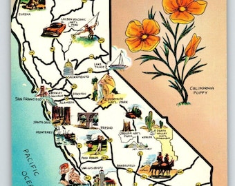 Vintage California Map Postcard, Greetings From California