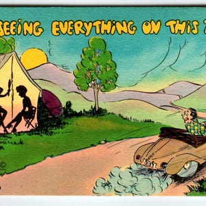 Ich sehe alles auf dieser Reise! Leinen Postkarte Vintage unbenutztes Camping Zelt
