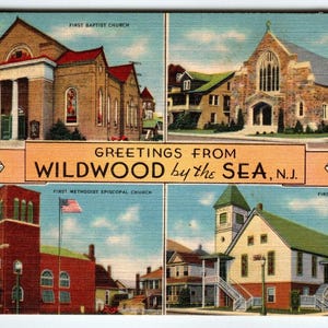 Carte postale en lin à plusieurs vues de Wildwood By The Sea, 1947, New Jersey