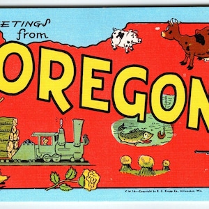 Greetings From Oregon Map Postcard Railroad Train Pig Fish Cow Axe Linen Kropp