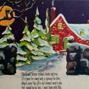 Carte postale de Noël orange, hibou lune, neige inutilisée W 589 vintage, cadeau unique original