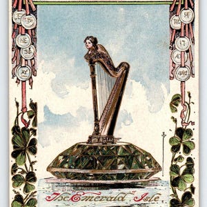 Carte postale de la Saint-Patrick La harpe de l'île d'Émeraude avec visage Fred Lounsbury 1909