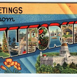 Carte postale de salutations de Californie grande lettre rétro Tichnor vintage inutilisé