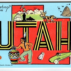 Salutations de l'Utah Carte postale Carte Mineur de cuivre Ruche d'abeilles Vache Poterie Linge de maison Kropp