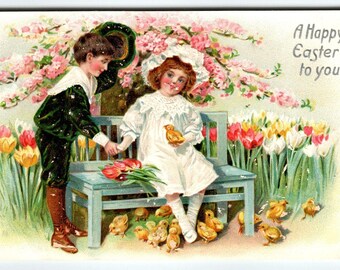 Easter Postcard Children Baby Chicks Flower Garden Hold Hands Tuck Series 700