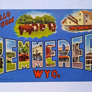Salutations bonjour de Kemmerer Wyoming carte postale grande grande lettre inutilisée ferme de vaches cadeau unique