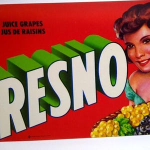 Fresno Bella Crate Label Lady With Basket Of Juice Grapes 1960s Vintage Original Unique Gift