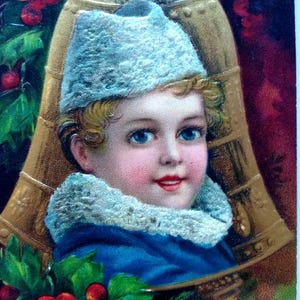 Victorian Christmas Postcard Blue Eyed Child Bell Ornament Series 1480 Germany Unique Gift
