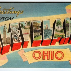 Salutations de Cleveland Ohio, grande lettre, ville des années 40, carte postale en lin vintage