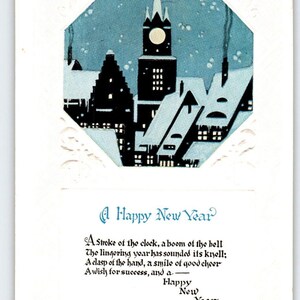 Carte postale du Nouvel An, tour de l'horloge, flocons de neige vintage en relief antique