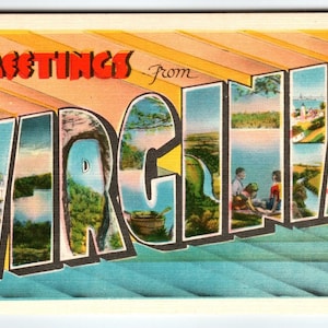 Carte postale métropolitaine vintage des années 1940 Greetings From Virginia, grande lettre, lin