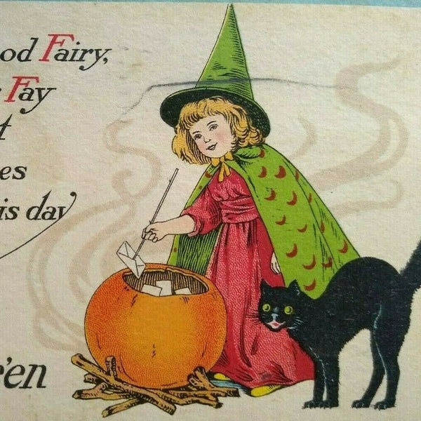 Halloween Postcard Black Cat Lil Green Cape Witch Nash Series 27 McKeesport 1917