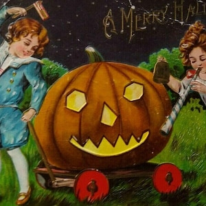 Carte postale d'Halloween victorienne, garçon avec drapeau des États-Unis, fille soufflant dans une corne, cadeau unique d'une ponceuse antique